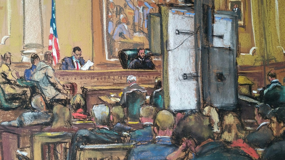  The massive Montgomery County Courthouse SMART board helps jurors see evidence, but hides the faces of the jury from most of the press. This view is from the opposite side of the room where most of the media are seated.  (Sketch by Jane Rosenberg) 