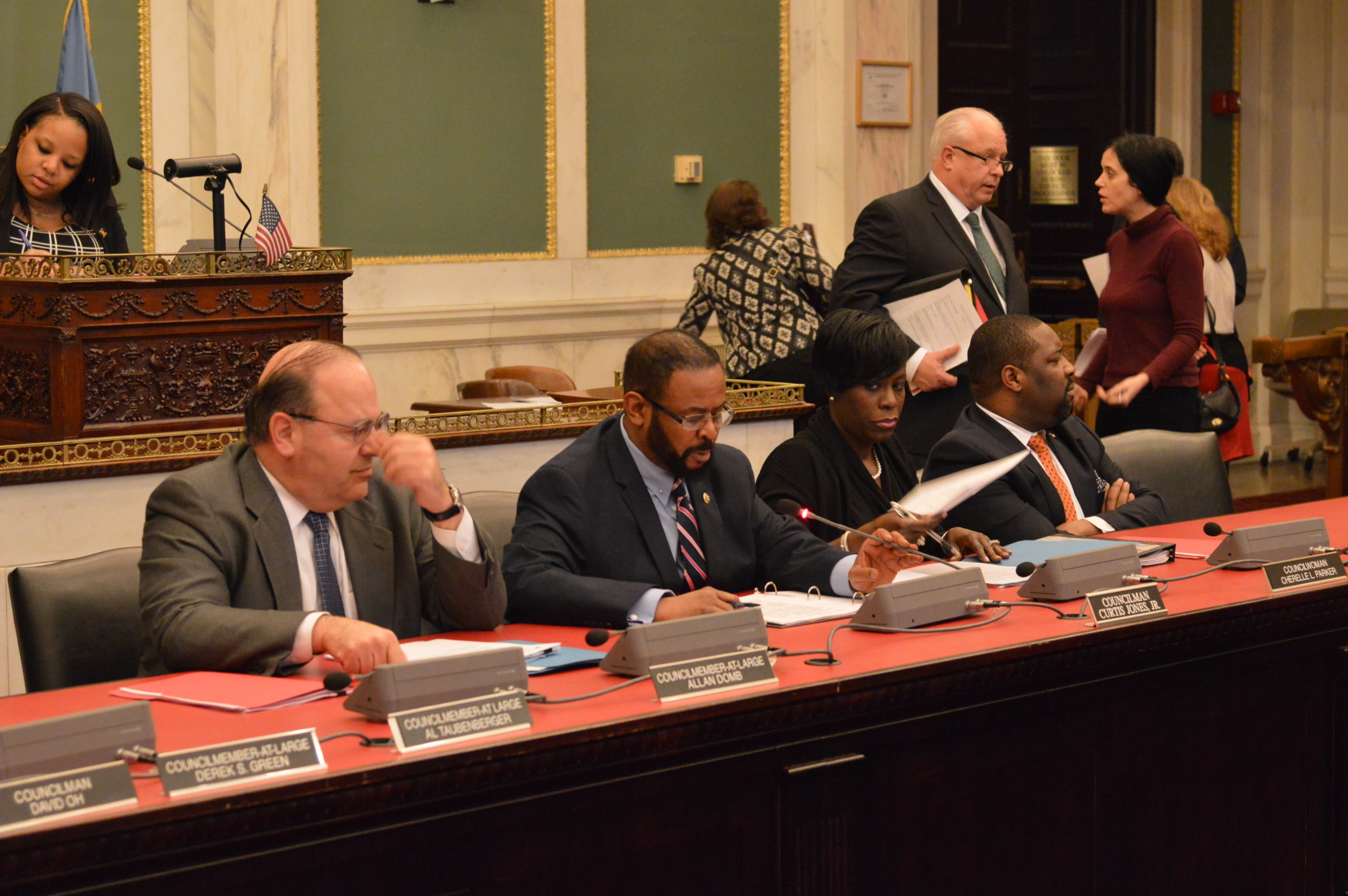  Philadelphia Council members talk discuss the best way of evaluating tax incentives the city offers. (Tom MacDonald/WHYY) 