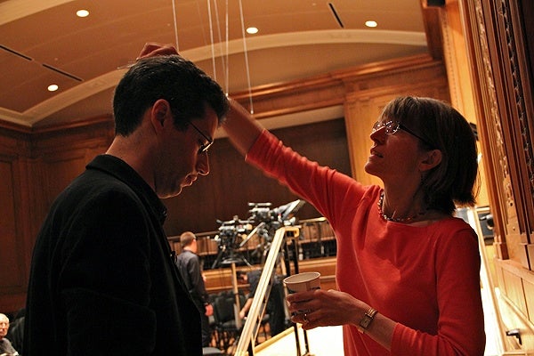 Curtis Online Course
Curtis Coursera project manager Laura C. Hart tames a few errant hairs before lecturer and pianist David Biss goes before the cameras. (Emma Lee/for NewsWorks)