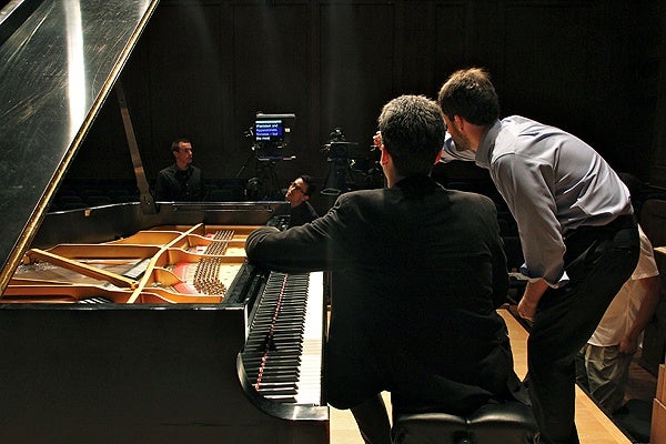 Director/producer Greg Sharrow (right) works with pianist Jonathan Biss to make the Curtis Institute's first free online course, Exploring Beethoven's Sonatas. (Emma Lee/for NewsWorks)