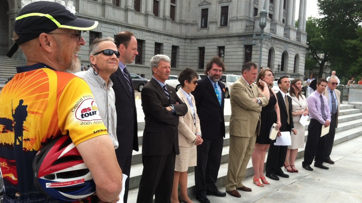  Cyclists gathered in Harrisburg to urge legislators to keep a line-item that includes $2 million for bicycle and pedestrian lane planning alive. (Mary Wilson/for NewsWorks) 
