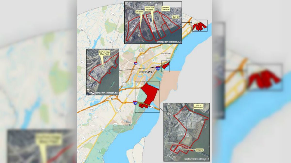  A map shows areas along the Delaware River in northern New Castle County where industrial sites are grandfathered in under the Coastal Zone Act. (DNREC photo) 