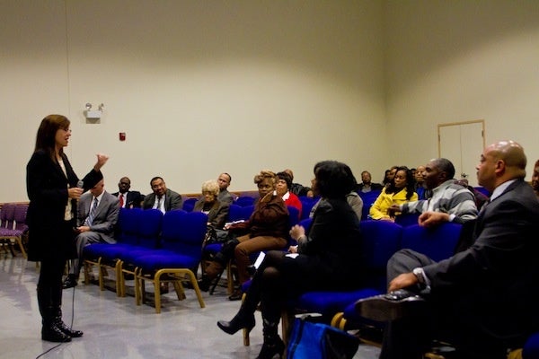 <p><p>Deborah Nash addressing those who attended the rescheduled town hall meeting at Triumph Baptist. (Brad Larrison/for NewsWorks)</p></p>
