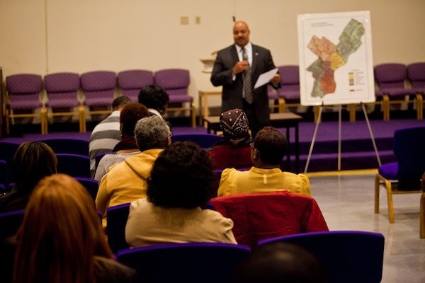 <p><p>Residents look on as District Attorney Seth Williams speaks on various topics related to crime and violence in Philadelphia. (Brad Larrison/for NewsWorks)</p></p>

