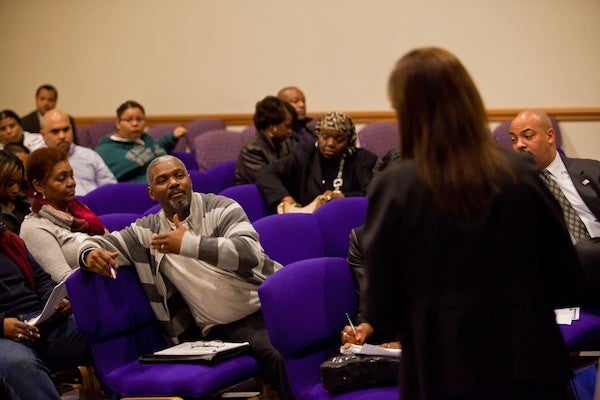 <p><p>Williams and Nash look on as a resident expresses concerns about crime in Northwest Philadelphia. (Brad Larrison/for NewsWorks)</p></p>
