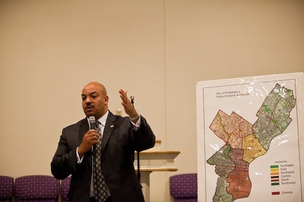 <p><p>Philadelphia District Attorney Seth Williams addresses the crowd during a town hall meeting at Triumph Baptist Church on Hunting Park Avenue in Northwest Philadelphia on Tuesday. (Brad Larrison/for NewsWorks)</p></p>
