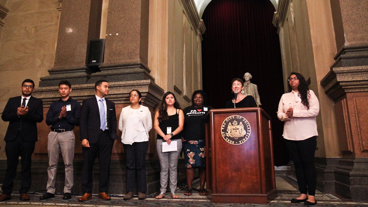  DACA recipients discuss the impact the program has had on their lives at City Hall Tuesday, five years to the day since it was implemented. (Kimberly Paynter/WHYY) 