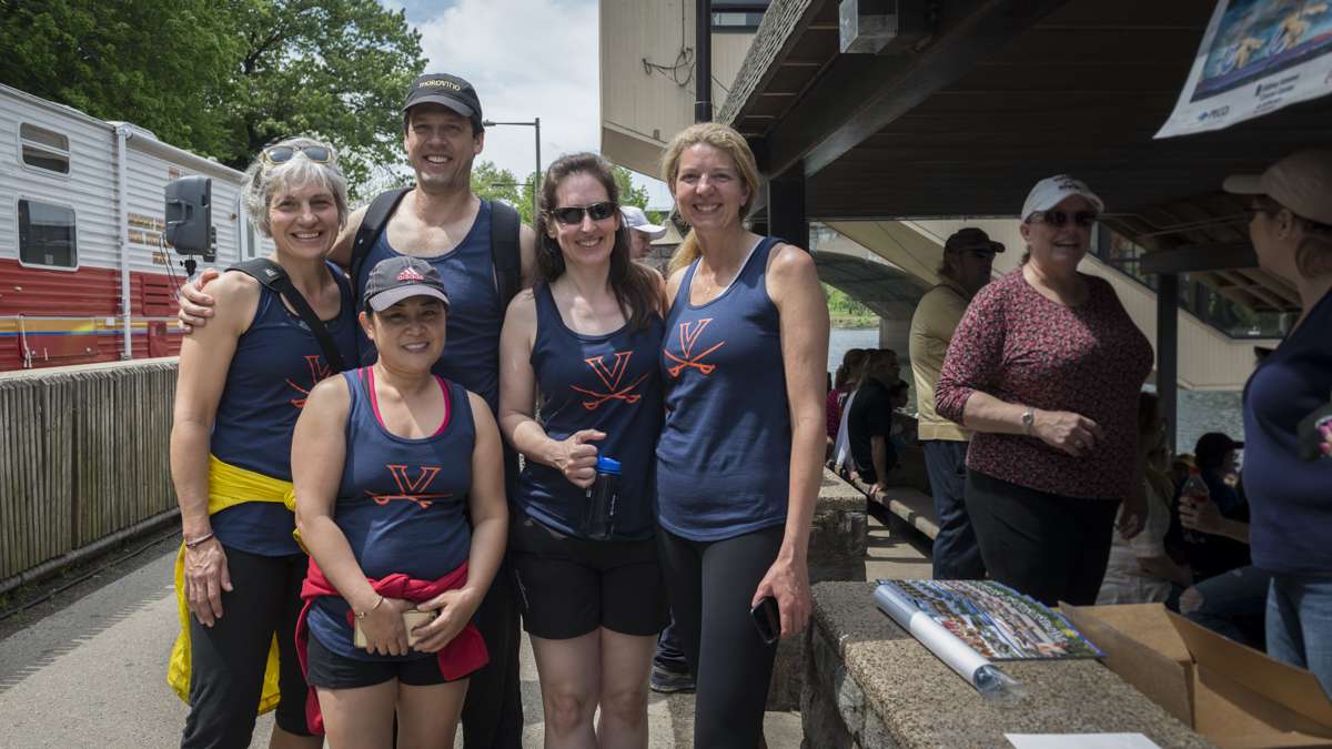 Members of the 1991 University of Virginia crew team and their coach that won the 1991 Dan Vail Regatta celebrate the 25th anniversary of their victory. Pictured: Vera Chu Conley (front); and (from left) Kit Gruver; coach Brett Wilson; Margaret Pauls; Roanne Daniels.