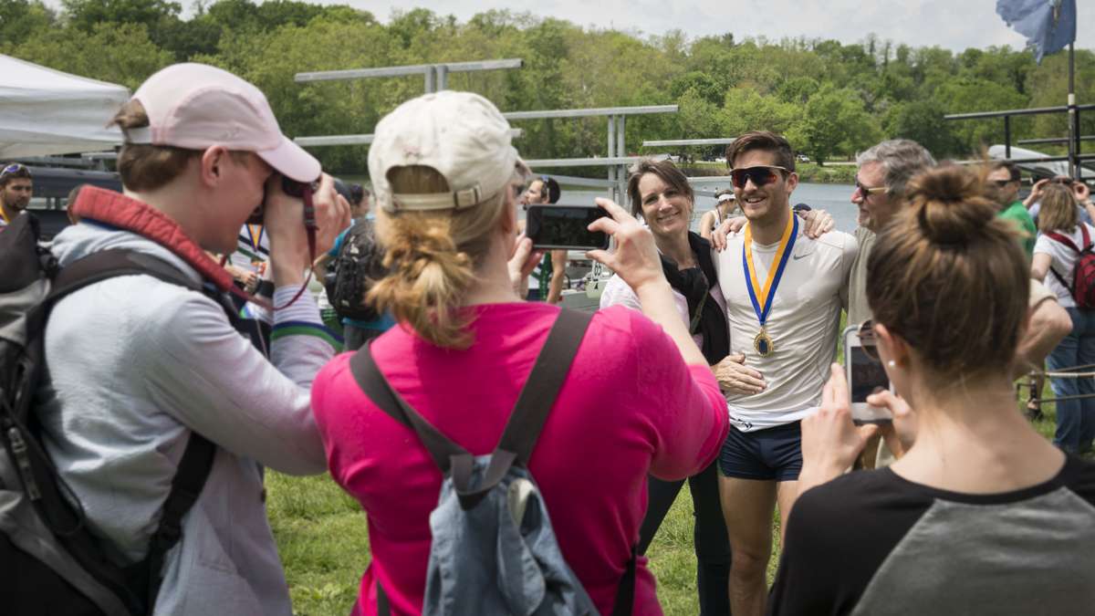 Galen Bernick celebrates his first place finish with family members who came from Arizona to see him compete at the Dad Vail Regatta.