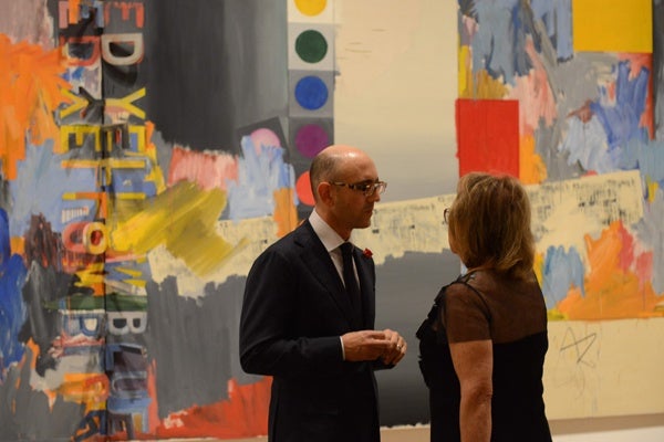 <p><p>Philadelphia Museum of Art Contemporary Art curator Carlos Basualdo (left), and Constance Williams, Art Museum board chair, stand in front of the 1964 painting "According to What" by Jasper Johns (Photo courtesy of Kelly & Massa Photography)</p></p>
