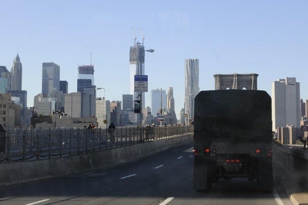 <p><p>Help arrives in New York City via the Brooklyn Bridge.  The Freedom Tower currently under construction can be seen in the background. (US Army photo by Sgt 1st Class William Gates, courtesy DEARNG)</p></p>
