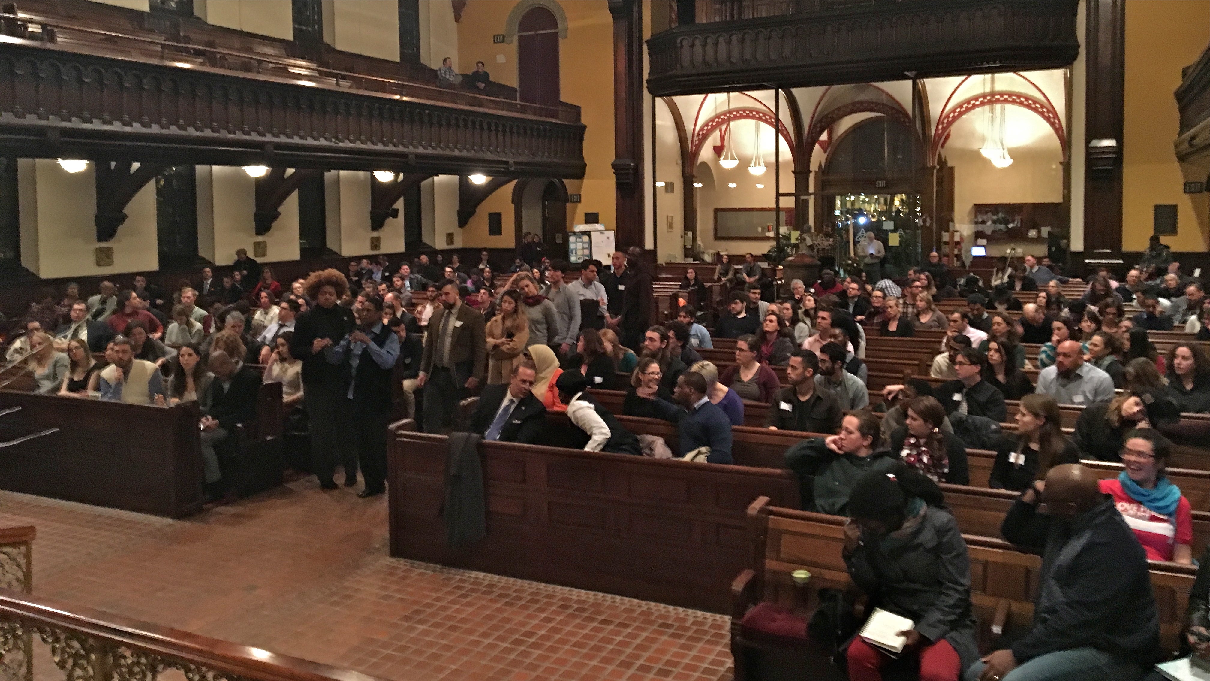  Hundreds thinking about political change pack into the Church of the Holy Trinity in Philadelphia to learn about running for office. (Dave Davies/WHYY) 