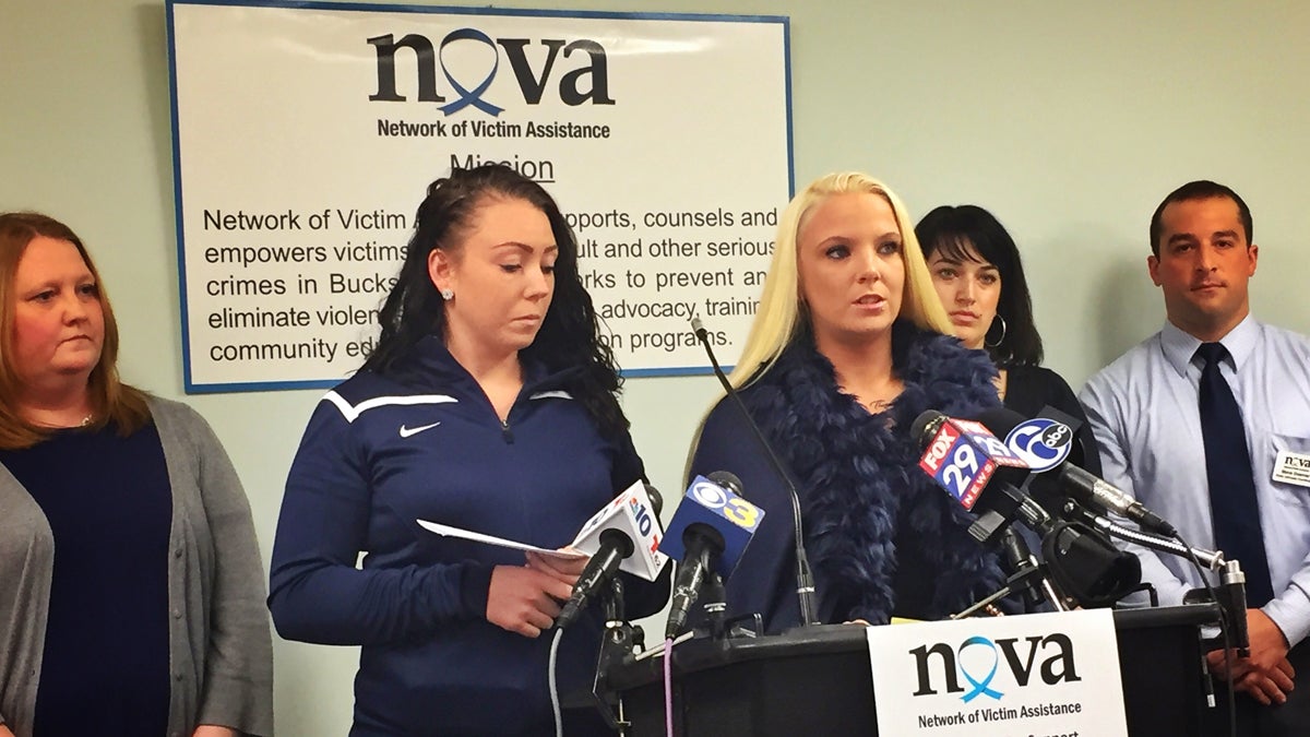  Two victims of alleged serial pedophile William Charles Thomas spoke to reporters this morning at the Network of Victim Assistance's office in Jamison, Bucks County, to urge other possible victims to come forward. The sisters, now 26 and 23, said Thomas abused them for years, starting when they were 7 and 4. (Dana DiFilippo/WHYY) 