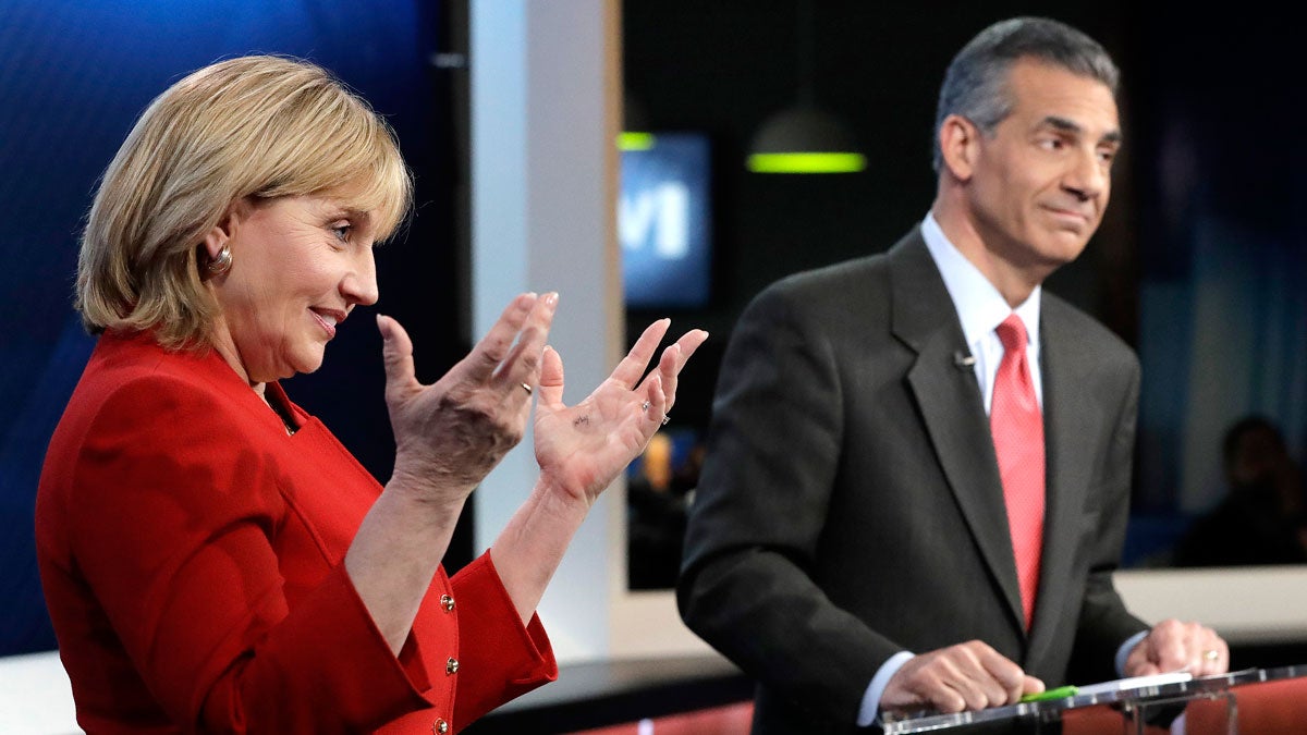 New Jersey Lt. Gov. Kim Guadagno, left, speaks as Assemblyman Jack Ciattarelli looks on during a Republican gubernatorial primary debate, Thursday, May 18, 2017, in Newark, N.J. (AP Photo/Julio Cortez, Pool) 