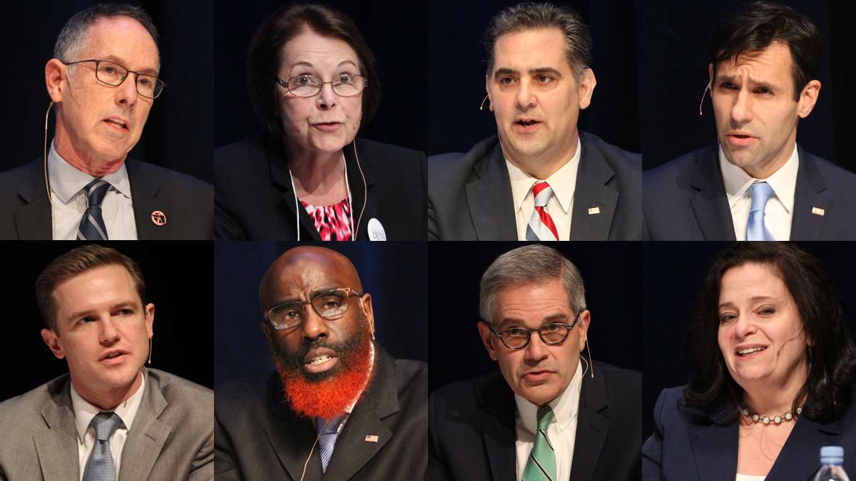  Eight candidates for Philadelphia district attorney are shown at a candidate debate on March 23 (clockwise from top left) Michael Untermeyer, Teresa Carr Deni, Rich Negrin, Joe Khan, Beth Grossman, Larry Krasner, Tariq El-Shabazz, and Jack O'Neill, met for a debate at Springside Chestnut Hill Academy. (Emma Lee/WHYY) 