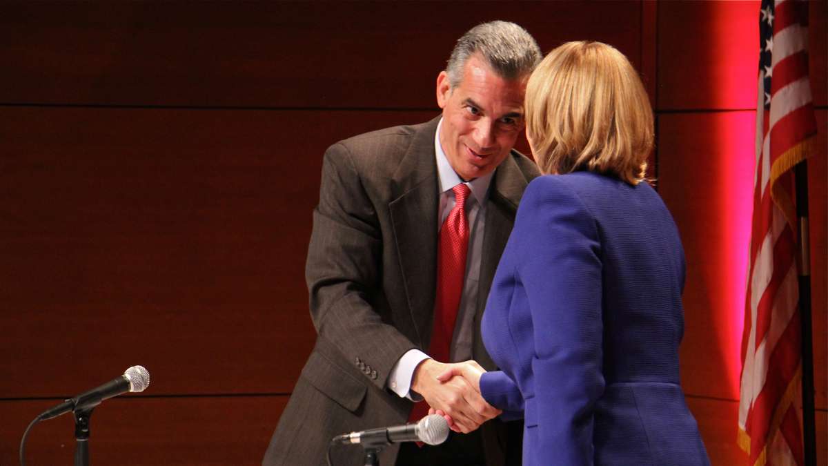  Jack Ciattarelli shakes hands with Republican rival Kim Guadagno after a May 9 debate. (Emma Lee/WHYY) 