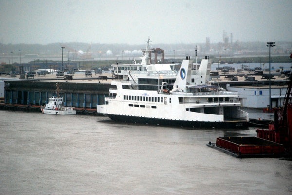 The predicted storm surge from Hurricane Irene forced the Cape May-Lewes ferry to head up the Delaware River and spend the night docked in Wilmington. (John Jankowski/for NewsWorks)
