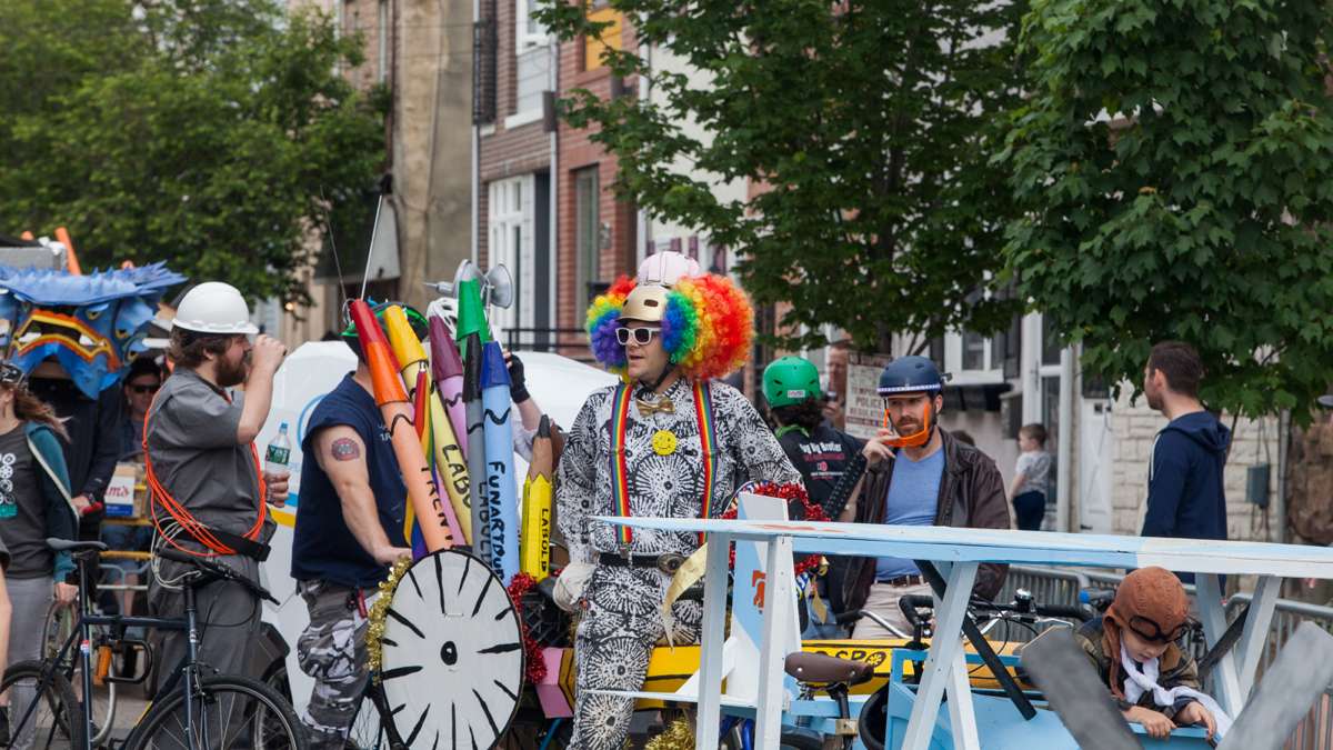 Participants gather for the start of the Kinetic Sculpture Derby