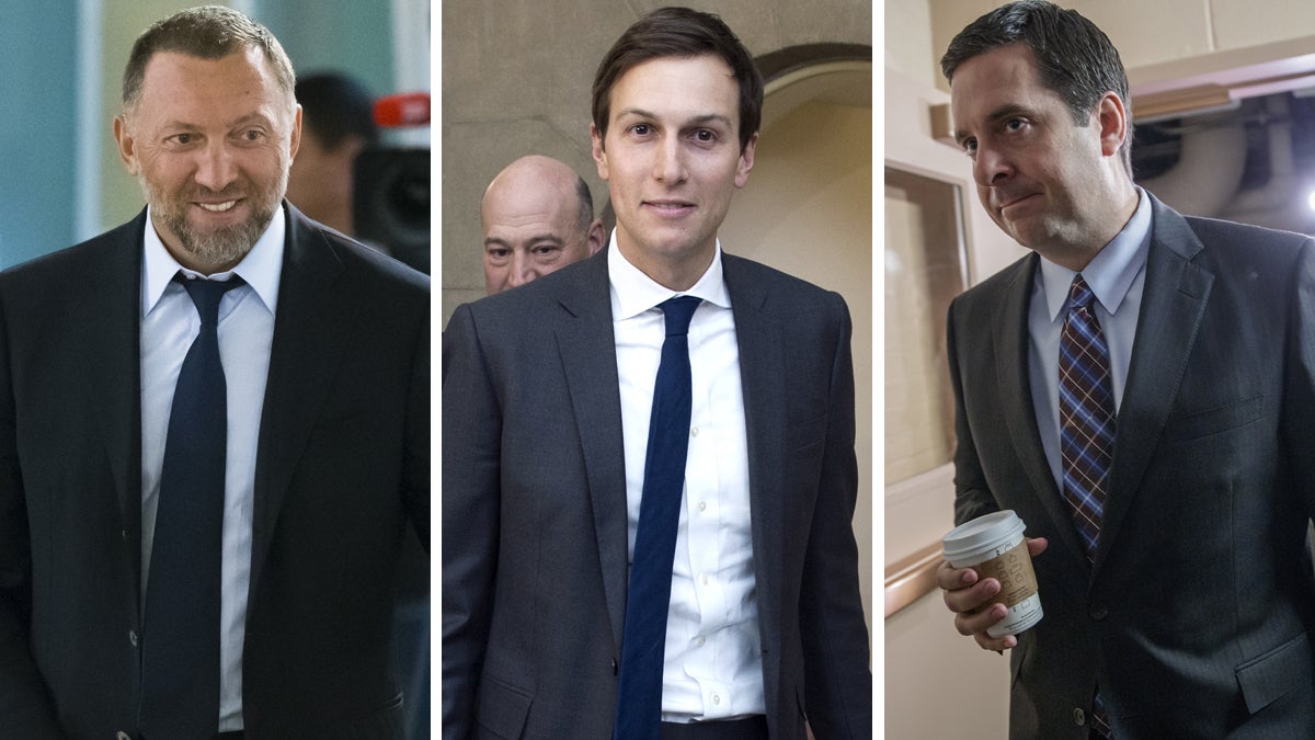  From left: Russian metals magnate Oleg Deripaska (AP Photo/Alexander Zemlianichenko); Jared Kushner, son-in-law of President Donald Trump (AP Photo/Cliff Owen); House Intelligence Committee Chairman Devin Nunes, R-Calif. (AP Photo/J. Scott Applewhite) 