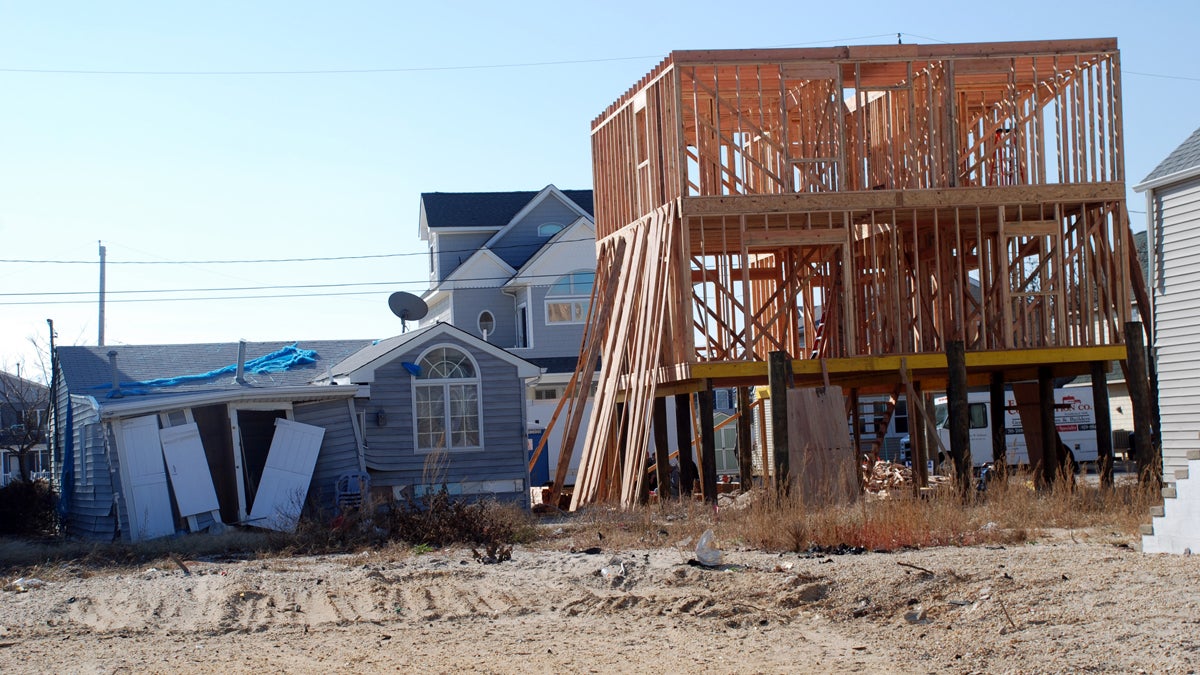  In Ortley Beach, a stark contrast between new construction and remaining damage. (Sandy Levine/for NewsWorks) 