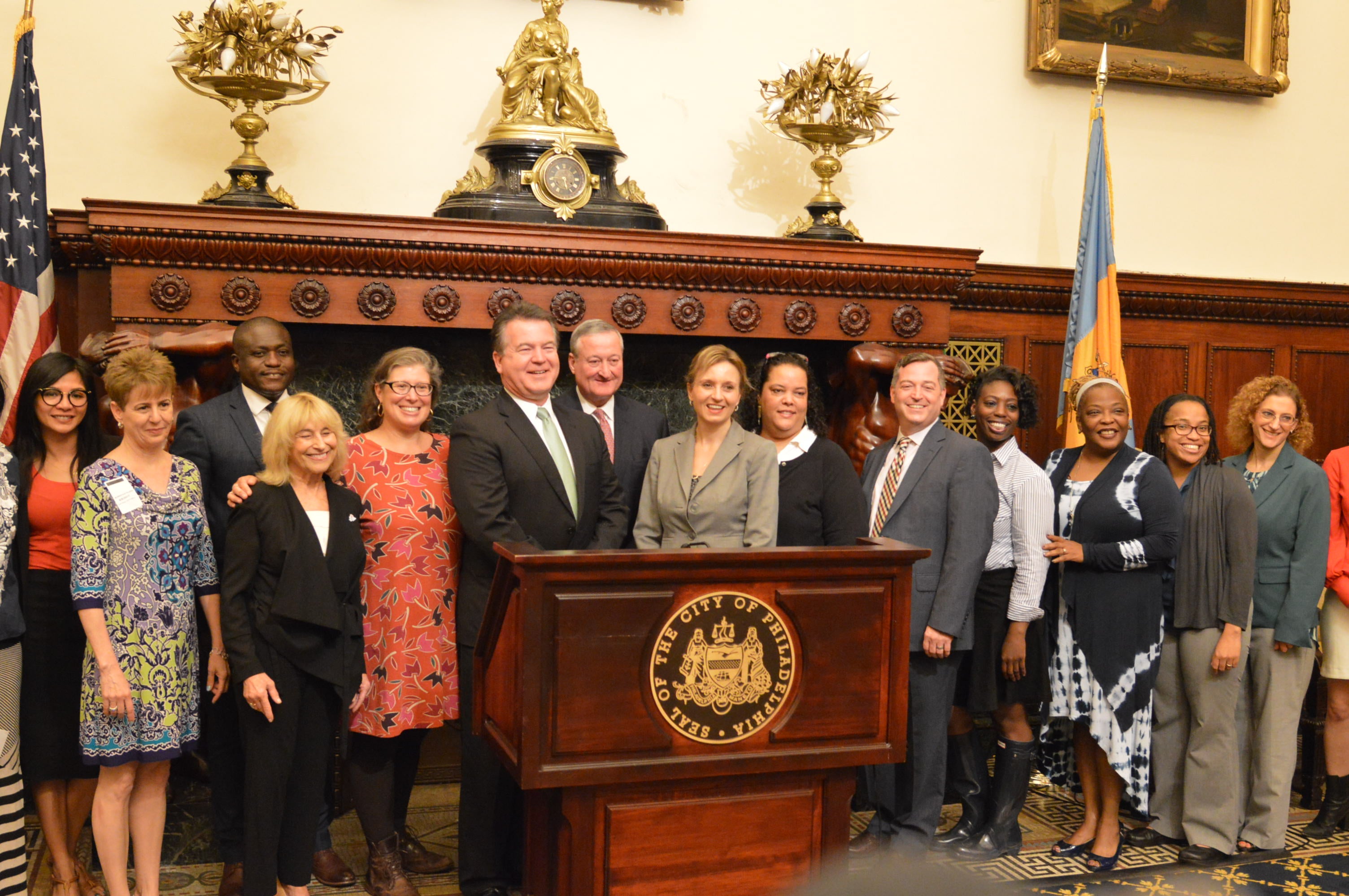  Award winners join Mayor Jim Kenney at a City Hall ceremony Tuesday. (Tom MacDonald/WHYY) 