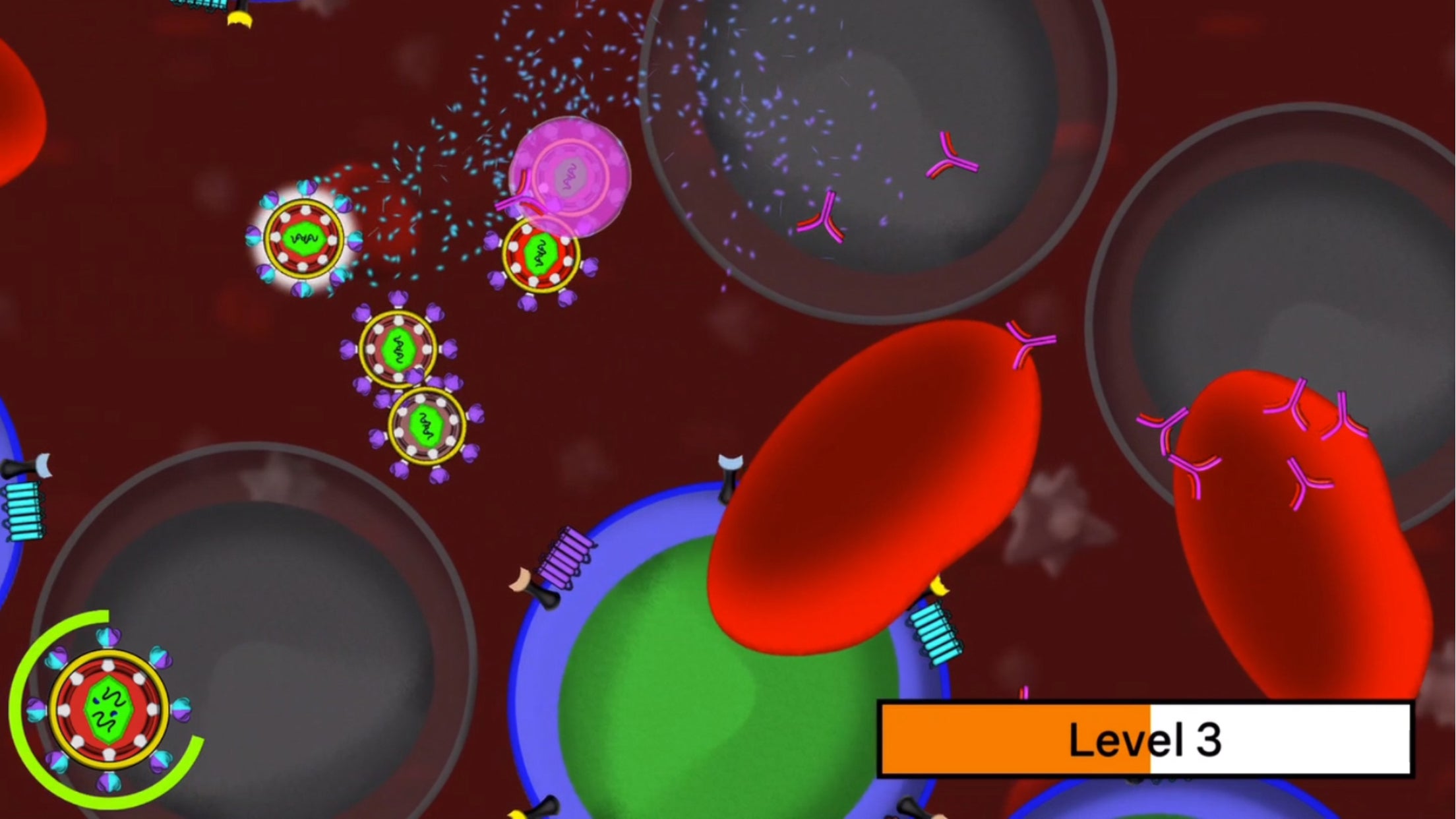  In the mobile game CD4 Hunter, players play as the virus HIV and have to find the right cells to bind to, while fending off red blood cells and attacking antibodies. The idea is to teach players how the virus targets the cells it uses to make copies of itself. (Vincent Mills and Andrew Bishop/Drexel University) 