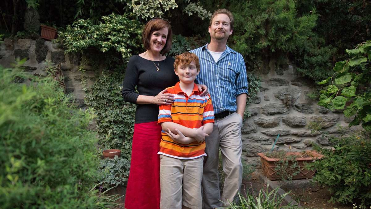 Jennifer and Josef Wegner with their son, Alexander, 10.  Jennifer admits that she is often the instigator of the Egyptian kitsch collection in the family.  (Lindsay Lazarski/WHYY)