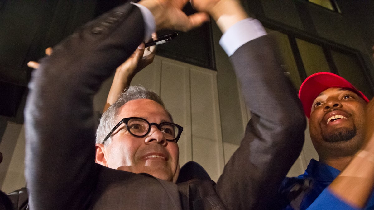  Larry Krasner celebrates winning the Democratic primary for Philadelphia district attorney Tuesday.(Kimberly Paynter/WHYY) 