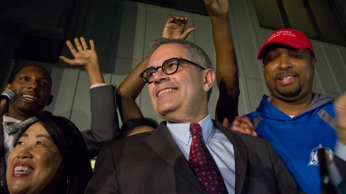  Democratic primary winner Larry Krasner takes the stage at his campaign party Tuesday night. (Kimberly Paynter/WHYY) 