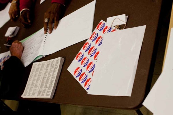 <p><p>"I Voted" stickers sit on a table at the Awbury Recreation Center in Germantown Tuesday morning. (Brad Larrison/For NewsWorks)</p></p>
