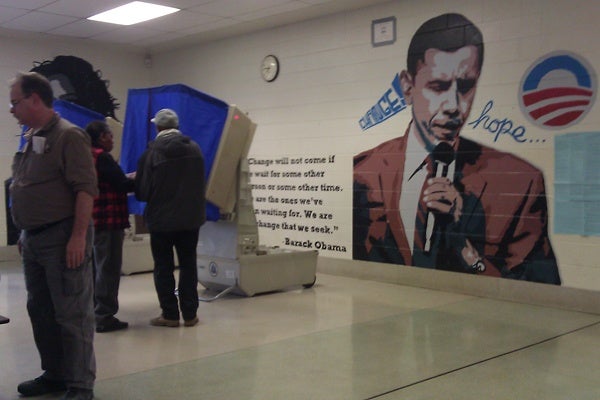 <p><p>A mural of President Barack Obama is seen behind voting booths at Ben Franklin Elementary School in the Lawncrest neighborhood of Philadelphia on Tuesday, November 6, 2012. A judge has ordered election officials to cover the mural.  (Photo courtesy of the Republican State Committee)</p></p>
