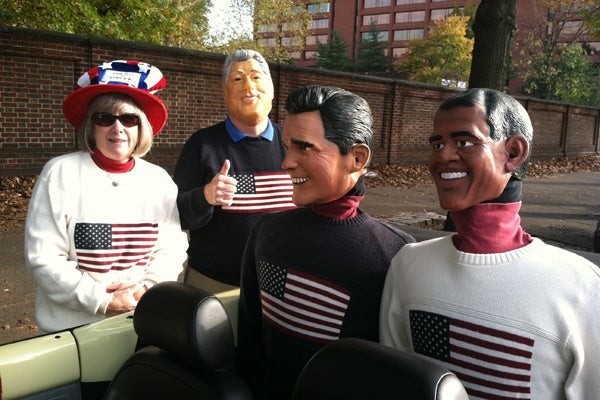 <p><p>Betty and Phil McGarrigan of Audobon, N.J. are driving around the region with "political dummies" to encourage voter turnout. (Benjamin Herold/WHYY)</p></p>
