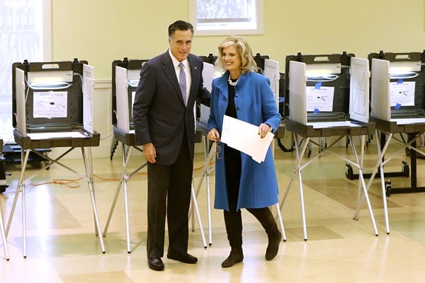 <p>Republican presidential candidate, former Massachusetts Gov. Mitt Romney and wife Ann Romney vote in Belmont, Mass., Tuesday, Nov. 6, 2012. (AP Photo/Charles Dharapak)</p>
