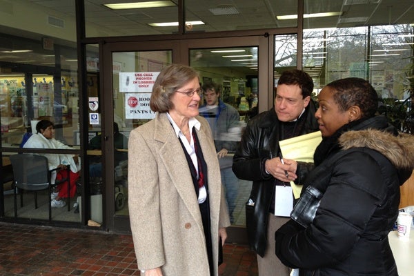 <p>Pennsylvania Commonwealth Secretary Carol Aichele visits a polling location at the Norristown Library.  (Jeanette Woods/WHYY)</p>

