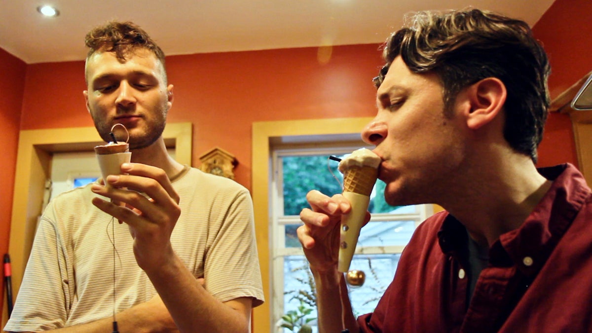  Shooting Stars director Jon Shapiro and engineer Sam Cusumano create music by licking ice cream cones. (Kimberly Paynter/WHYY) 