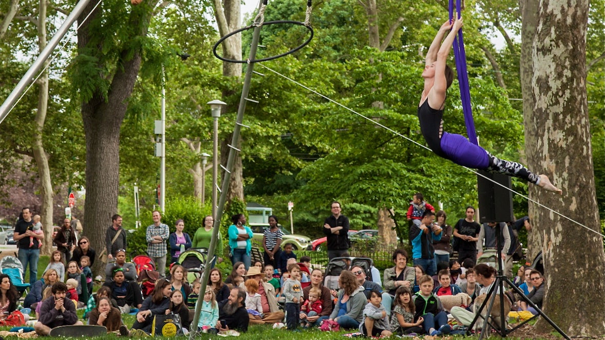  Tangle Movement Arts stages a performance in Clark Park as part of Philadelphia's Performances in Public Spaces program, funded by the National Endowment for the Arts. (Emily Cohen for NewsWorks/file) 