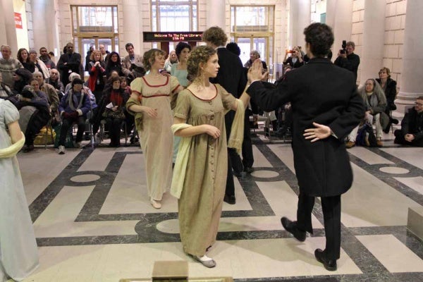 <p><p>The Old Academy Players of East Falls stage a dance scene in the lobby of the central branch of the Philadelphia Library to celebrate the 200th anniversary of the publication of "Pride and Prejudice." (Emma Lee/for NewsWorks)</p></p>
