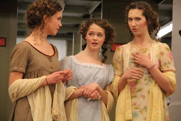 <p><p>The Bennet sisters: Mary, Kitty, and Lydia, (portrayed by (from left) Grace Kauffman-Rosengarten, Jessica Hobbs-Pifer, and Marion Standefer, comment on Mr. Darcy's atrocious behavior. (Emma Lee/for NewsWorks)</p></p>
