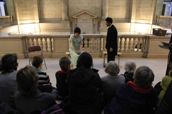 <p><p>Julia Wise and Isaiah Price perform a stormy scene from "Pride and Prejudice" between Elizabeth and Mr. Darcy. (Emma Lee/for NewsWorks)</p></p>
