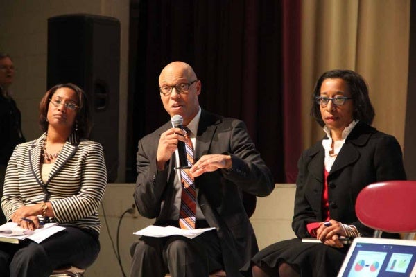 <p><p>Philadelphia Superintendent William Hite fields questions from concerned parents during a community meeting at Martin Luther King High School to discuss school closings. (Emma Lee/for NewsWorks)</p></p>
