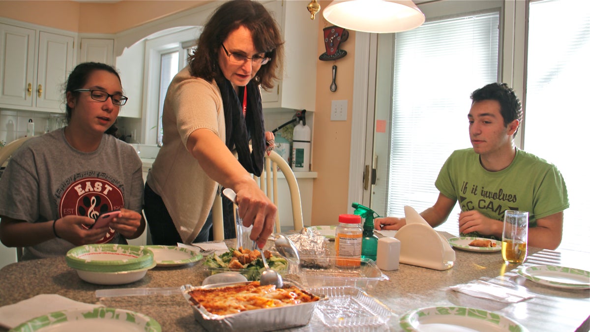  Bioengineer Nancy Pleshko ordered takeout from an Italian restaurant on her way from her lab at Temple University to her home in Cherry Hill, New Jersey. This is what she and her two teenage children at home have for dinner around once a week, to save time. (Emma Lee/WHYY) 