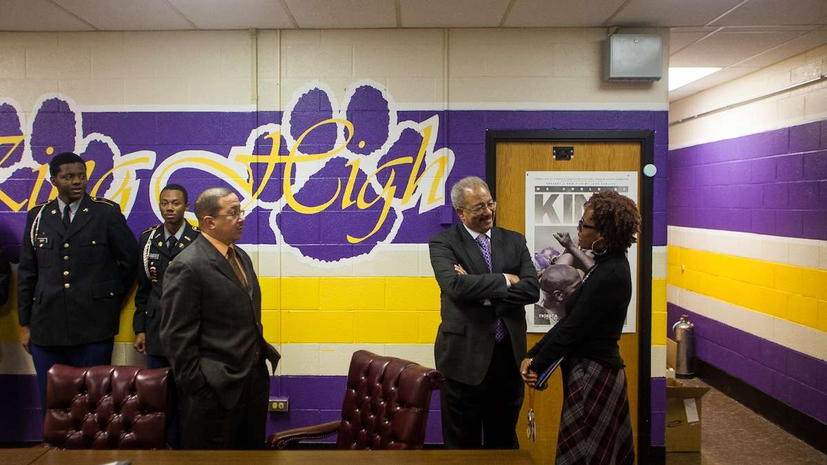  U.S Rep. Chaka Fattah greets MLK High Instructional Specialist Taara Green during a Monday morning visit and tour of the school. (Brad Larrison/for NewsWorks) 