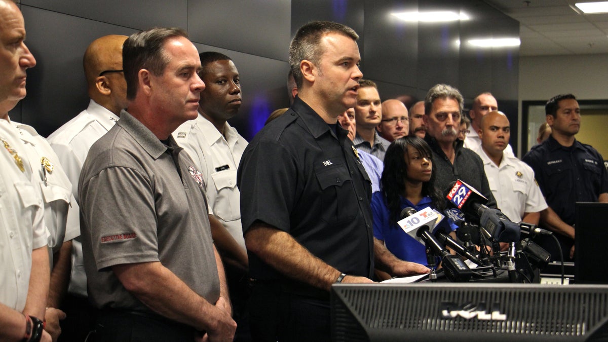  Philadelphia Fire Commissioner Adam Thiel speaks about a federal report that blames firefighter errors and faulty gear for the death of Joyce Craig, the first female firefighter to die in the line of duty in Philadelphia. (Emma Lee/WHYY) 