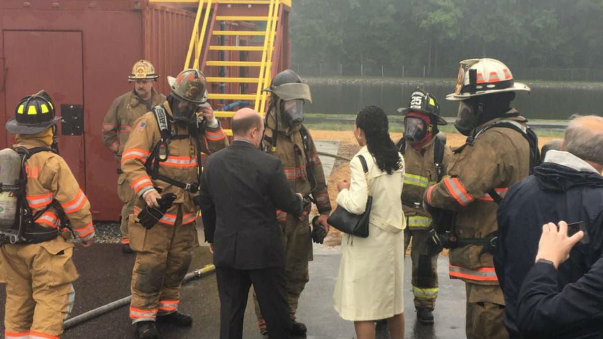  Sen. Chris Coons and Congresswoman Lisa Blunt Rochester talk to firefighters at Delaware State Fire School in Dover. (photo courtesy DSFS) 