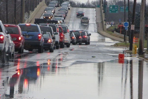 <p><p>Plenty of brake light as drivers approach the high water area. (Mark Eichmann/WHYY)</p></p>
