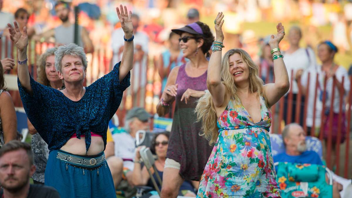 Audience members rise to their feet and begin dancing during the Baile An Salsa performance at the Philadelphia Folk Festival at the Old Pool Farm in Schwenksville, Pennsylvania. (Jonathan Wilson for NewsWorks)