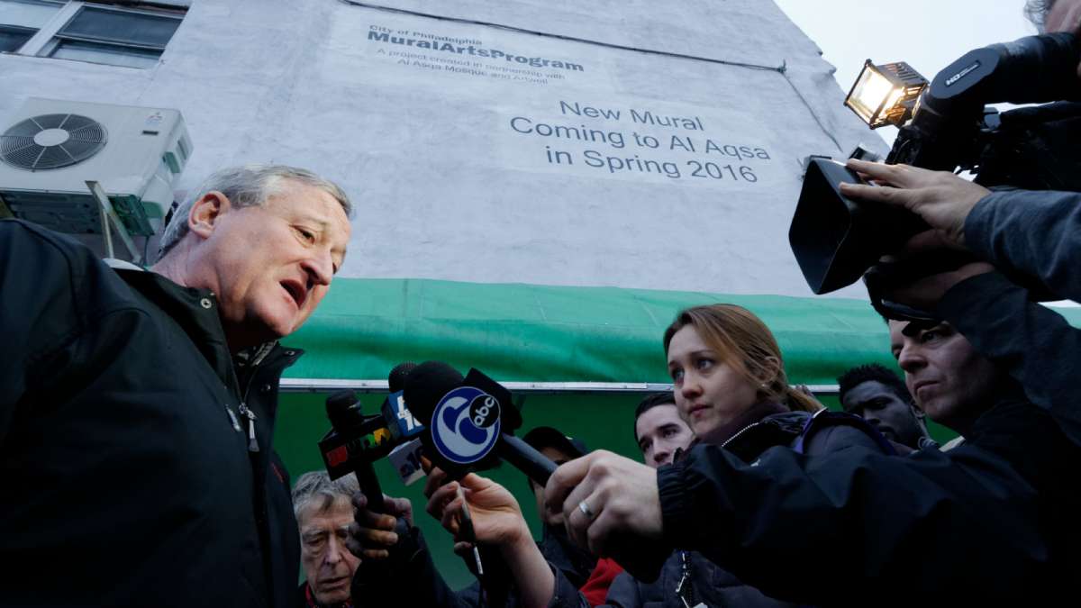 Standing below the future site of the mural, Mayor Jim Kenney discounts the claims of Edward Archer, who said he acted in the name of Islam when he shot a Philadelphia police officer. (Bastiaan Slabbers/for NewsWorks)