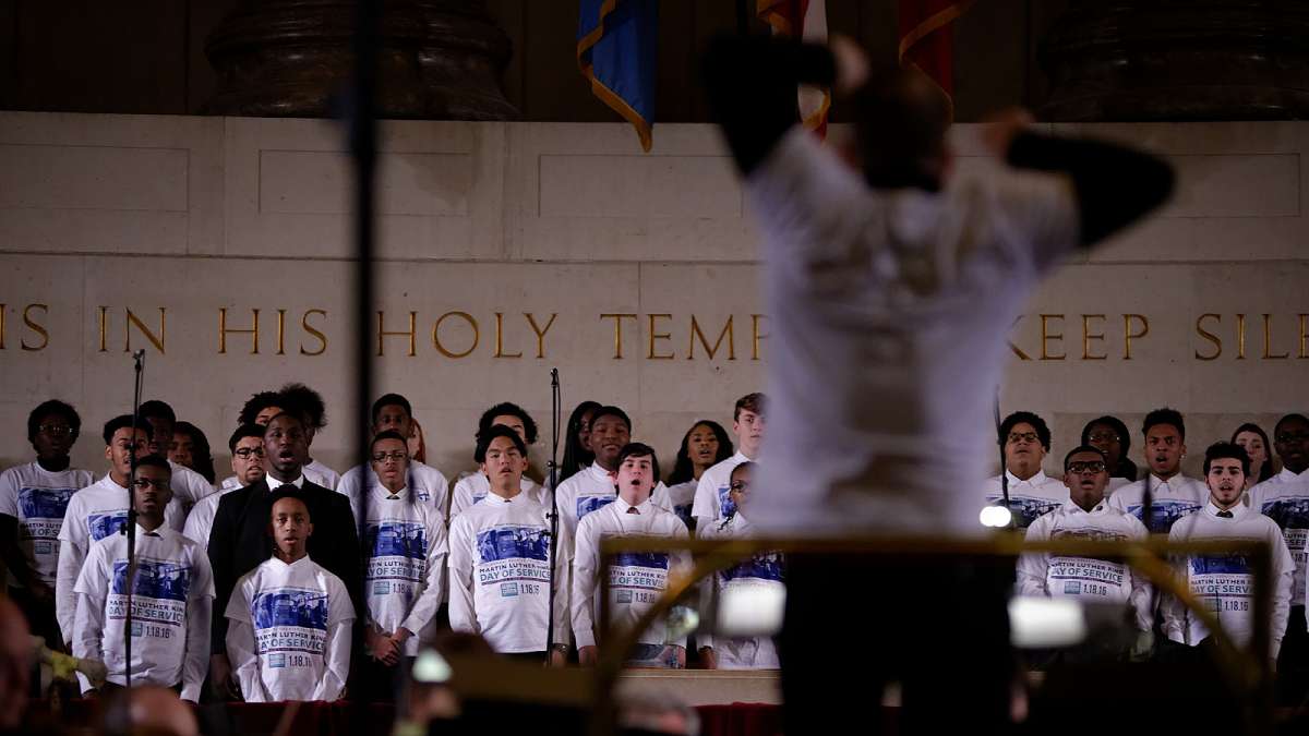 Members of the CAPA Choir perform with the Philadelphia Orchestra during the 26th Annual Martin Luther King Tribute Concert at the Girard College Chapel. (Bastiaan Slabbers/for NewsWorks)