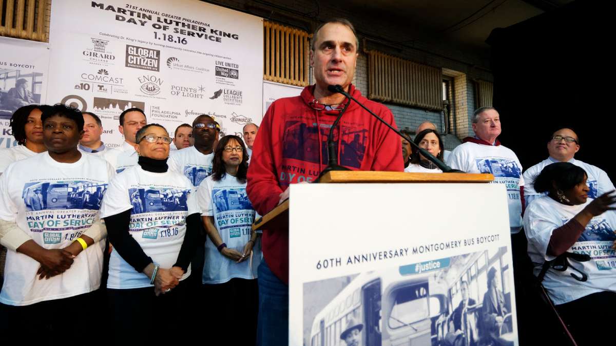 Todd Bernstein, founder and director of the annual Greater Philadelphia Martin Luther King Day of Service, speaks at the opening ceremony at Girard College. (Bastiaan Slabbers/for NewsWorks)