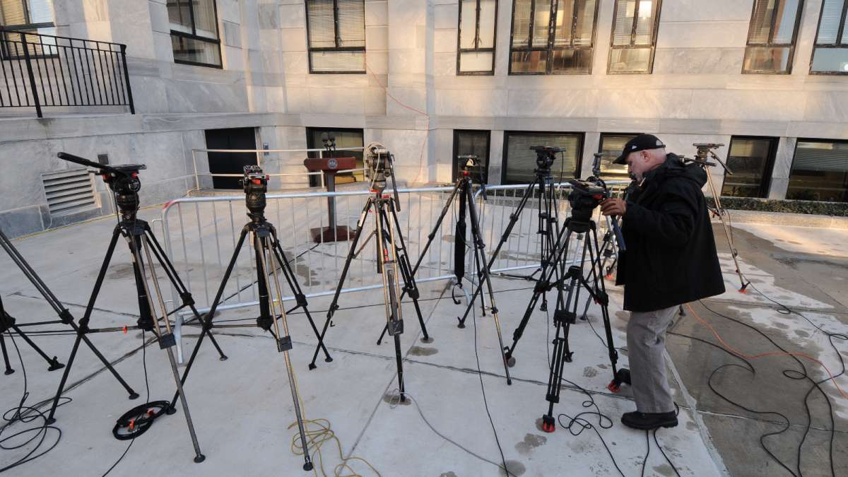 An area near the main entrance to the courthouse is dedicated for press conferences. On Tuesday, many more tripods would be added but no one would be available to address the media, leaving it unused.